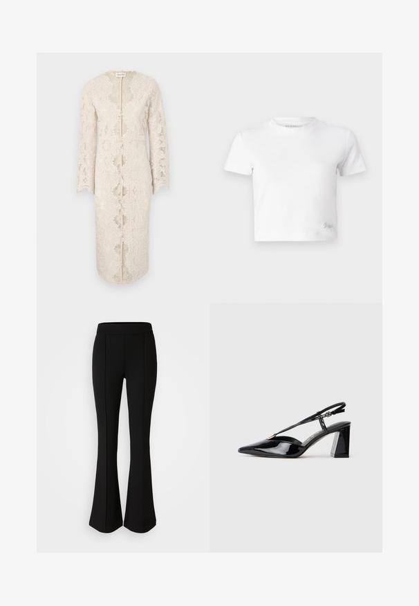 Kanten jurk in off-white met lange mouwen, een v-hals en een opening aan de voorkant in het midden. Bevat ingewikkelde bloemmotieven en geschulpte randen.; Witte cropped t-shirt van zacht katoen, met een hoge hals en korte mouwen. Klein geborduurd logo in de onderhoek.; Zwarte flared broek gemaakt van een rekbaar materiaal met een gladde textuur, met naaddetails aan de voorkant voor extra ontwerp.; Zwarte gepatineerde lederen slingback hakschoenen met een spitse neus, verstelbare band en stevige rechthoekige hak.