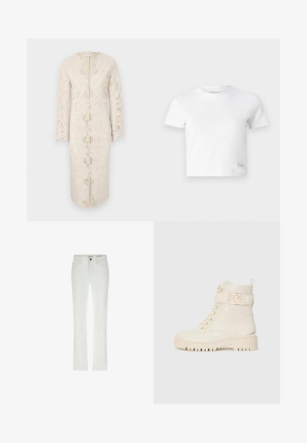 Koronkowa sukienka w kolorze białym ecru z długimi rękawami, dekoltem w serek i otwarciem z przodu. Posiada skomplikowane kwiatowe wzory oraz falbany na brzegach.; Biała krótka koszulka wykonana z gładkiej bawełny, z wysokim dekoltem i krótkimi rękawami. Mała haftowana naszywka w dolnym rogu.; Białe dżinsy o dopasowanym kroju, 5 kieszeniach i kontrastowym przeszyciu. Posiadają zapięcie na guzik i subtelną metkę marki na pasku.; Białe botki za kostkę z wypukłym kwiatowym wzorem, sznurowanym zapięciem, bocznym paskiem z złotym logo oraz ruggedną podeszwą zapewniającą przyczepność.