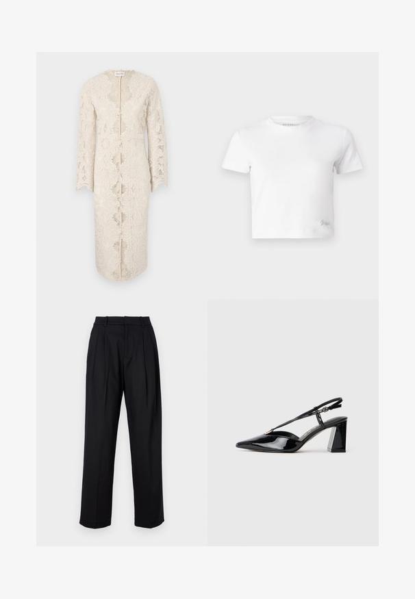 Pitkähihaista pitsimekkoa off-white värissä, jossa v-pääntie ja keskelle avautuva etuosan leikkaus. Mekossa on monimutkaisia kukkakuvioita ja aallotettuja reunoja.; Valkoinen lyhytcropattu t-paita, joka on valmistettu sileästä puuvillasta. Siinä on korkea kaula-aukko ja lyhyet hihat. Pienessä alakulmassa on brodeerattu logo.; Mustat housut räätälöidyllä muotoilulla, joissa on korkea vyötärö, laskokset ja suora lahje. Valmistettu sileästä kankaasta, jossa on yksivärinen pinta.; Musta patenttiliimainen slingback-korkokenkä, jossa on terävä kärki, säädettävä hihna ja paksu suorakulmainen korko.