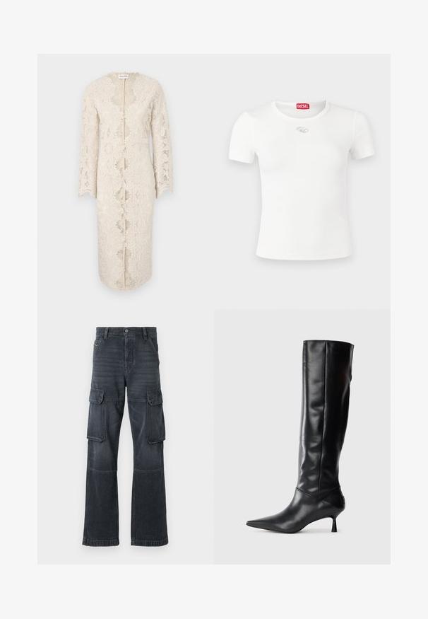 Lace dress in off-white with long sleeves, a v-neck, and a center front opening. Features intricate floral patterns and scalloped edges.; White short-sleeve t-shirt made of ribbed fabric, featuring a round neckline and a silver logo accent on the chest.; Dark grey cargo pants made of denim, featuring two side pockets and a wide-leg design. Stitched detailing along seams and edges.; Black leather knee-high boot with a pointed toe and slim curved heel. Smooth texture, fitted design, and no visible hardware or patterns.