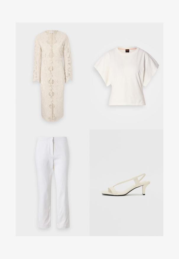 Čipkasta obleka v off-white barvi z dolgimi rokavi, oblikovana v v-izrezu in s sprednjim odprtjem. Ima zapletene cvetlične vzorce in valovite robove.; Bela skrajšana majica s kratkimi širokimi rokavi, mehka bombažna tkanina, okrogla ovratnica z diskretnim oranžnim robom, minimalističen dizajn, brez vzorcev ali grafike.; Beli bombažne hlače s ravnim krojem, srednje visoko pasom, brez vidnih kovinskih elementov ali vzorcev. Gladka textura po vsej površini.; Bež sandale z blok peto, tankimi trakovi in kvadratnim prstom. Gladek material z minimalnim okrasjem, zasnovan za enostavno nošenje.