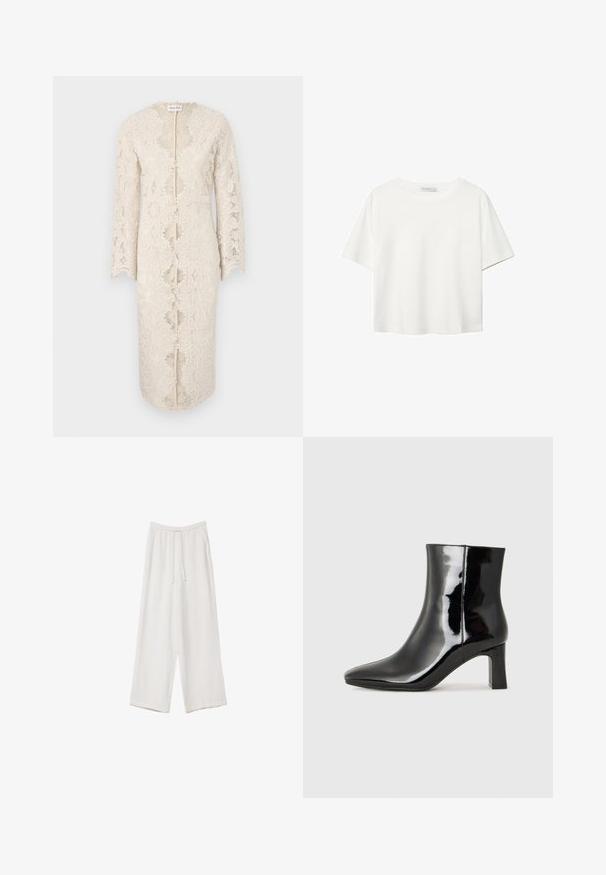 Čipkasta haljina u boji off-white s dugim rukavima, V-izrezom i otvorom na sredini sprijeda. Sadrži složene cvjetne uzorke i valovite rubove.; Bijela majica kratkih rukava od pamuka. Ima okrugli izrez i opušteni kroj. Glatka tekstura bez vidljivih uzoraka ili naglasaka.; Bijele hlače širokih nogavica napravljene od lagane tkanine. Imaju elastičan pojas s ušicom i bočne džepove. Glatka tekstura.; Crne lakirane kožne gležnjače s šiljastim prstom i srednje visokom blok petom. Glatka tekstura i minimalistički dizajn.