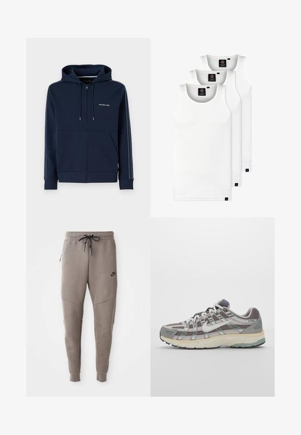 Felpa con zip di colore blu navy realizzata in tessuto morbido, dotata di cappuccio con cordino, due tasche frontali e strisce laterali a contrasto con dettaglio del logo.; Tre canotte bianche a coste in cotone. Presentano un colletto rotondo e piccole etichette nere vicino all'orlo. Disponibile in diverse taglie.; Pantaloni sportivi Nike grigi con cintura regolabile, gambe affusolate, tasche laterali e dettagli di cucitura distintivi. Tessuto morbido e texture.; Scarpa sportiva grigia con tomaia in mesh e suede, dettagli bianchi, suola ammortizzata e un design distintivo con elementi riflettenti.