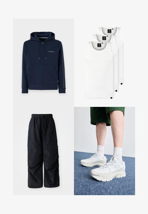 Sötétkék, cipzáros kapucnis pulóver, puha anyagból készült, állítható kapucnival, két elülső zsebbel és kontrasztos oldalsávokkal, logó részlettel.; Három fehér csíkos pamut trikó. Felső része kerek nyakkivágású, és a szegély közelében kis fekete címkék találhatók. Több méretben elérhető.; Fekete, könnyű nátron anyagú cargo nadrág, elasztikus derékpánttal, állítható húzózsinórral és több rétegű zsebekkel a lábakon.; Fehér sportcipők texturált burkolattal, vastag talppal és szürke részletekkel. Fehér sportzoknival és zöld rövidnadrággal viselve, kék felületen.