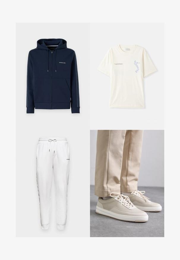 Sweatshirt com fecho éclair na cor azul marinho, feito de tecido macio, com capuz ajustável, dois bolsos frontais e riscas laterais em contraste com detalhe do logótipo.; T-shirt de algodão branca com mangas curtas, apresentando o texto "United By Rhythm" em gráfico preto e azul no peito. Design de gola redonda.; Michael Kors LOGO TAPE PANT - Calças de fato de treino - white; Sapatilhas bege com um upper texturizado, solas brancas e detalhes cosidos, combinadas com calças bege, expostas sobre uma superfície cinza.