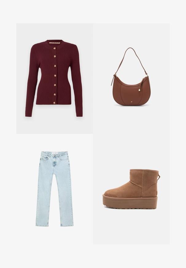 Bordo rebrasti kardigan dugih rukava s okruglim izrezom i sedam dekorativnih zlatnih dugmadi sprijeda.; Obična bijela majica od pamuka s okruglim izrezom, kratkim rukavima i ležernim krojem. Glatka tekstura bez uzoraka ili dodataka.; Svijetloplave ravne traperice izrađene od denima. Imaju prednje džepove, patentni zatvarač s gumbom i vidljive šavove duž šavova.; Svijetlosmeđi antilop čizmice do članka s platformom, okruglim vrhom i ukrasnim šavovima; ima petnu traku za lakše obuvanje.; Smeđa torba od umjetne kože s zakrivljenim oblikom, minimalnim šavovima i zlatnim metalnim detaljima. Ima zatvaranje na gornjoj strani sa patentnim zatvaračem i podesivu naramenicu.