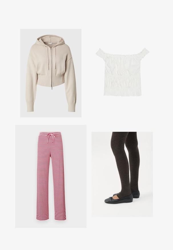 Bežani skraćeni dukserica s patentnim zatvaračem sprijeda, rebrastim manžetama i rubom, te kapuljačom s vezicom. Na prsima ima diskretno izvezeni logo.; Bijela bluzica bez naramenica s volanima, naboranom teksturom i elastičnom gumicom u struku. Izrađena od mekanog pamučnog materijala.; Pantalone s crveno-bijelim prugama, slobodnog kroja s elastičnom čijom i rebrastom teksturom. Izravni kroj nogavica proteže se do dužine gležnjeva.; Crne ravne cipele s malim mašnom na vrhu prstiju, uparene s tamnosmešnim rebrovanim čarapama. Cipele imaju glatku teksturu i nizak profil.