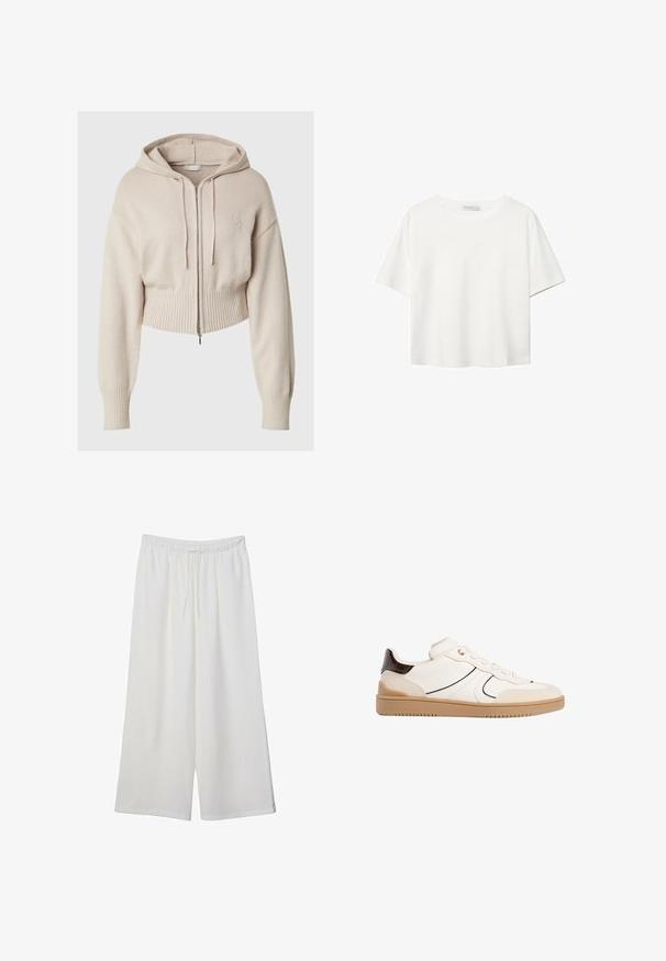 Bež hoodie skrajšane dolžine z zadrgo spredaj, rebrastimi manšeta in robom ter kapuco na vezanje. Značilna je subtilna izvezena znamka na prsih.; Bela kratka majica s kratkimi rokavi iz bombaža. Ima okroglo izrezovanje in sproščen kroj. Gladka tekstura brez vidnih vzorcev ali poudarkov.; Bele široke hlače iz lahkega materiala, ki imajo elastičen pas in vrvico za prilagajanje. Gladka tekstura.; Stradivarius Športni copati - white