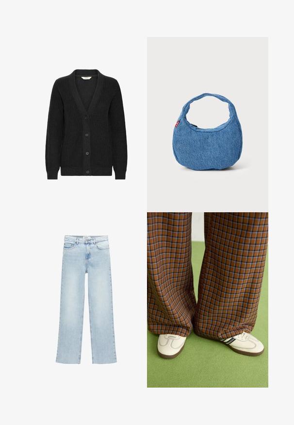 Cardigan negru tricotat, cu decolteu în V, mâneci lungi, textură ribbată și închidere cu cinci butoane pe față.; Cămașă din denim de culoare albastru deschis, cu mâneci lungi, guler ascuțit, două buzunare pe piept și cusături contrastante. Prezintă un design tip yoke în stil vest.; Jeans denim de culoare albastru deschis, cu picioare largi, talie înaltă, cinci buzunare și închidere cu nasturi. Prezintă detalii minime de cusătură.; Pantaloni largi cu carouri maro și albastru, asociați cu pantofi albi cu accente negre și tălpi texturate, împotriva unui fundal verde.; Geantă de umăr din denim, formă ovală, culoare albastru deschis, material texturat, mânere curbate simple, dimensiune mică, eventuală etichetă cu logo atașată.