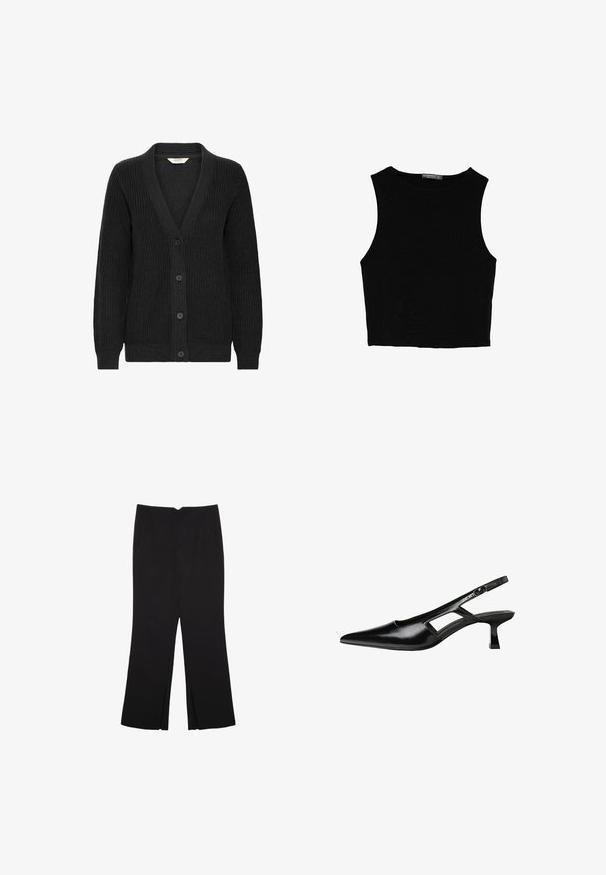 Mustat neulotut neuletakit, joissa on V-pääntie, pitkät hihat, ribbikuvio ja viisi nappia edessä.; Musta hihaton crop-top, joka on valmistettu sileästä kankaasta, jossa on pyöreä kaula-aukko ja siisti, yksinkertainen muotoilu ilman kuvioita tai varusteita.; Mustat housut suoralinjaisella leikkauksella, joissa on etutaskut ja sivurei'ät helman alla. Valmistettu pehmeästä ja sileästä kankaasta. Sopii eri tilaisuuksiin.; Mustat lakatut nahkakengät, joissa on viistopää, leikattu sivusuunnassa ja pieni neliökoroke. Sujuva pinta, jossa on minimaalinen koristelu.