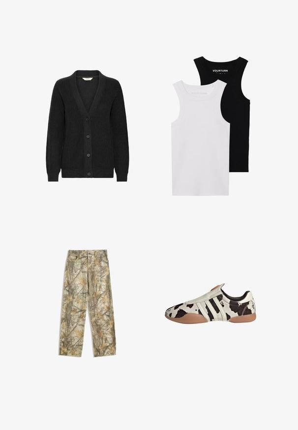 Mustat neulotut neuletakit, joissa on V-pääntie, pitkät hihat, ribbikuvio ja viisi nappia edessä.; Kaksi muotoiltua tanktoppausta mustana ja valkoisena. Ne on valmistettu ribbitrikoosta ja niissä on leveät hihnat sekä pyöristetyt kaula-aukot. Brändäys kauluksessa.; Takit vaatteet, joissa on monivärinen vihreä ja ruskea lehtikuosi, jossa on vakioviisi-taskuinen muotoilu ja löysä istuvuus.; Valkoiset ja mustat kuviolliset nahkakengät, joissa on teksturoitu pinta, kolme valkoista vaakasuoraa raitaa ja ruskea kumipohja.