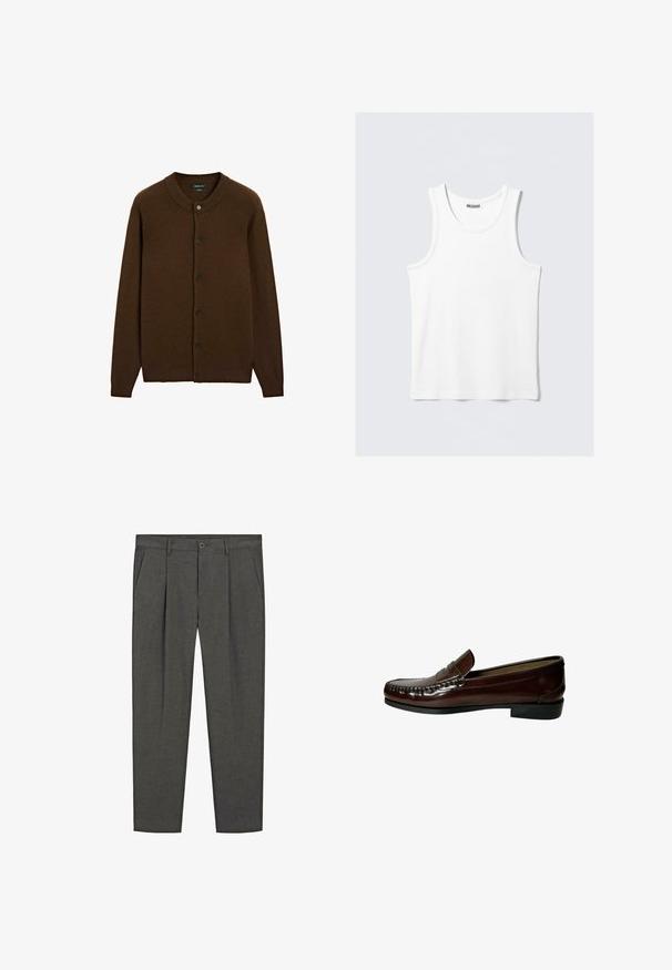 Brauner Wolle-Button-Up-Cardigan mit geripptem Kragen, Bündchen und Saum, versehen mit sechs schwarzen Knöpfen auf der Vorderseite.; Weißes Tanktop mit runder Ausschnittform und breiten Trägern. Hergestellt aus einem glatten, leichten Stoff, mit einem minimalistischen Design ohne Muster.; Graue Tailored-Pants mit einem Nadelstreifenmuster, gefalteter Vorderseite, Seitentaschen und einem Knopfverschluss. Aus gewebtem Stoff mit glatter Textur.; Brauner Lederlofer mit runder Spitze, schlupf Design, strukturierten Nähten und einem niedrigen schwarzen Gummiabsatz. Glatte, polierte Oberfläche.