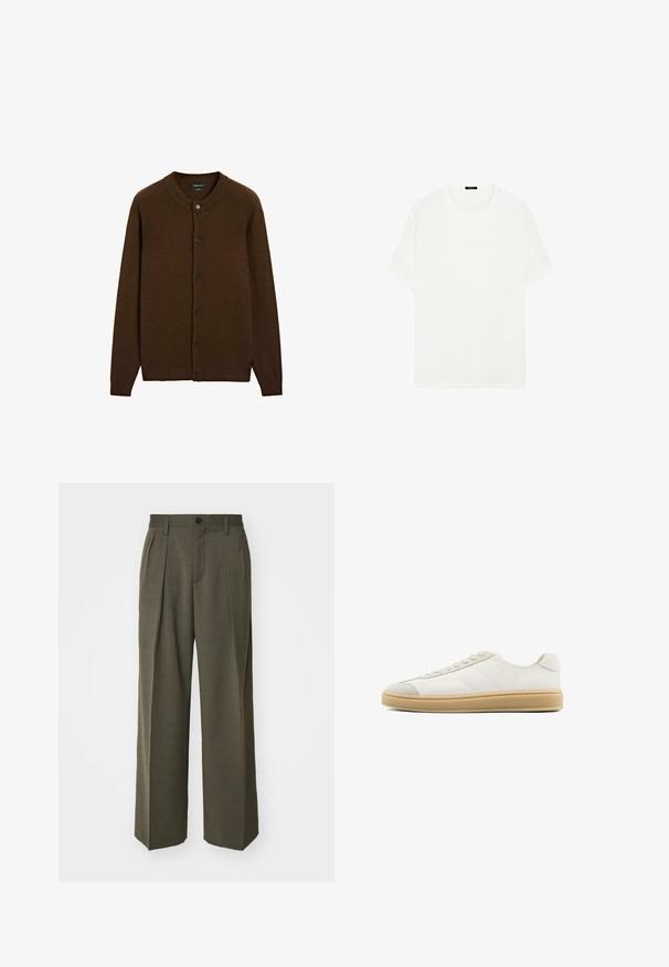 Brauner Wolle-Button-Up-Cardigan mit geripptem Kragen, Bündchen und Saum, versehen mit sechs schwarzen Knöpfen auf der Vorderseite.; Weißes T-Shirt mit kurzen Ärmeln aus weichem Stoff. Es hat einen klassischen Rundhalsausschnitt und eine gerade Schnittführung, ohne sichtbare Muster oder Akzente.; Filippa K WIDE TROUSERS - Stoffhose - driftwood; Weiße Wildledersneaker mit glatter Oberfläche, runder Zehenpartie, Schnürung und einer tanfarbenen Gummisohle. Mit dezenten Streifen an den Seiten und Akzenten an der Ferse.