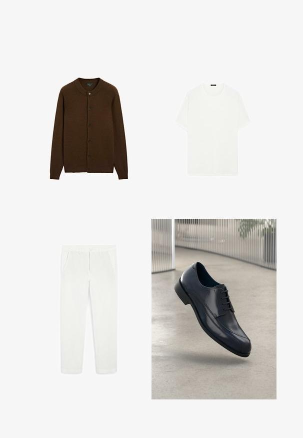 Cardigan in lana marrone con bottoni, colletto a coste, polsini e orlo, caratterizzato da sei bottoni neri sulla parte anteriore.; T-shirt bianco a maniche corte realizzato in tessuto morbido. Presenta un classico collo rotondo e una vestibilità dritta, senza motivi o dettagli visibili.; Pantaloni bianchi in cotone con design a gamba dritta, due tasche laterali, chiusura con bottone e una texture liscia.; Scarpa da cerimonia in pelle nera lucida con lacci, sospesa sopra un pavimento grigio chiaro e con barre metalliche verticali sullo sfondo.