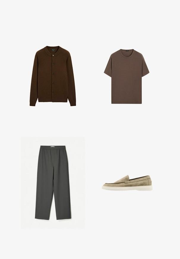 Brauner Wolle-Button-Up-Cardigan mit geripptem Kragen, Bündchen und Saum, versehen mit sechs schwarzen Knöpfen auf der Vorderseite.; Braunes Baumwoll-T-Shirt mit Rundhalsausschnitt und kurzen Ärmeln. Einfaches Design mit gleichmäßiger Textur und lockerer Passform. Keine Muster oder Akzente.; Dunkelgraue, hochtaillierte, weit geschnittene Hosen aus leichtem Stoff. Elastischer Bund, keine sichtbaren Muster und Seitentaschen.; Beige Wildleder Slipper mit runder Zehenpartie, genähten Details und einer weißen Gummisohle. Einfaches Design mit glatter Textur.