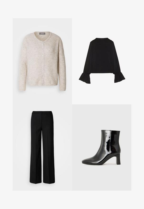 Jasno beżowy kardigan wykonany z teksturowanej dzianiny, z okrągłym dekoltem, zapięciem na guziki i długimi rękawami o luźnym kroju.; Czarny top z długim rękawem, z rozkloszowanymi mankietami, miękką fakturą i luźnym krojem, z prostym okrągłym dekoltem.; Czarne szerokie spodnie o gładkim materiale, z wysokim stanem, dopasowanymi szwami i minimalistycznym designem. Brak widocznych zapięć lub kieszeni.; Czarne lakierowane botki za kostkę z wysmukłym noskiem i średniej wysokości obcasem w kształcie słupka. Gładka tekstura i minimalistyczny design.