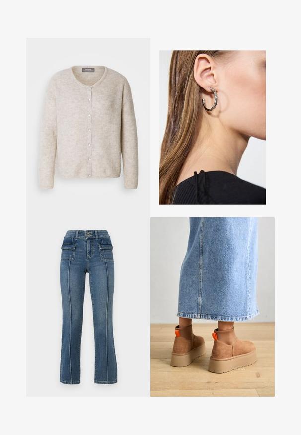 Light beige cardigan made of textured knit fabric, featuring a round neckline, button front, and long sleeves with a relaxed fit.; Even&Odd Petite 2 PACK - Top - light grey/black; ONLY Petite ONLWAUW MID WAIST FLARED - Flared Jeans - medium blue denim; Brown suede platform boots with elastic side panels and orange pull tabs, paired with a knee-length light denim skirt on a wooden floor.; Silver hoop earring with a polished finish, featuring small gold accent details and a round shape, worn on the lobe.