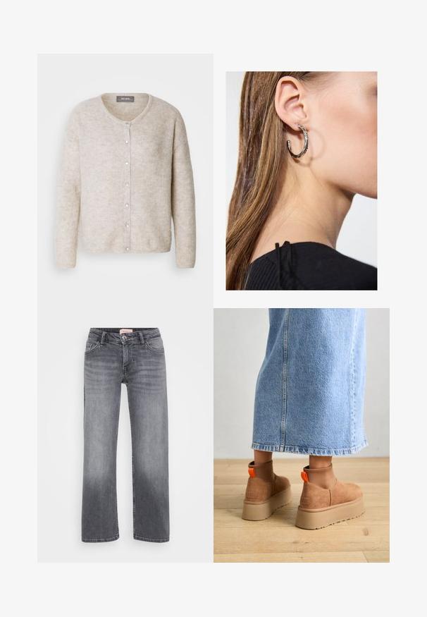Lichtbeige cardigan van gebreide stof met structuur, met een ronde hals, knopen aan de voorkant en lange mouwen met een comfortabele pasvorm.; Even&Odd Petite 2 PACK - Top - light grey/black; Grijze denim jeans met een recht gesneden ontwerp, vijf zakken stijl, subtiele vervaging en een knoopsluiting in de taille.; Bruine suède platformlaarzen met elastische zijkanten en oranje trekbandjes, gecombineerd met een lichtdenim rok tot de knie op een houten vloer.; Zilveren oorbel met een gepolijste afwerking, met kleine gouden accentdetails en een ronde vorm, gedragen op de oorlel.
