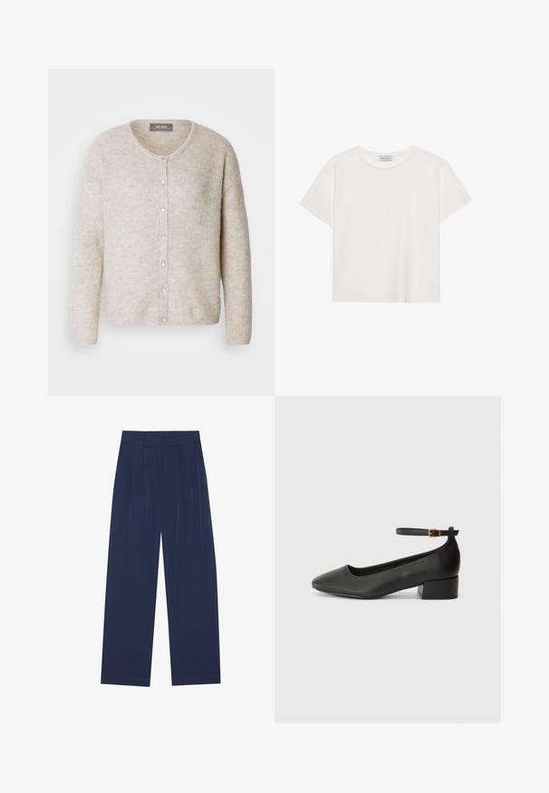 Vaatteet vaaleasta beigestä neuleesta, jossa on karkea pinta, pyöreä kaula-aukko, napit edessä ja pitkät hihat, jotka ovat väljyydessä.; Valkoinen lyhythihainen T-paita, joka on valmistettu pehmeästä puuvillasta. Siinä on pyöreä kaula-aukko ja rento istuvuus. Siisti muotoilu ilman näkyviä kuvioita tai yksityiskohtia.; Navy siniset leveälahkeiset housut, joissa on pehmeä kangas, etuvaljaat, sileä pinta ja suora malli ilman näkyviä taskuja.; Mustat nahkakengät, joissa on terävä kärki ja matala lohkare korko. Varustettu nilkkahihnalla, jossa on kultasävyinen solki. Lisää sileä pinta.