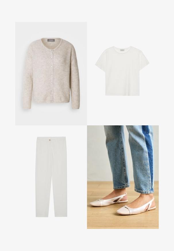 Világos bézs kardigán, texturált kötött anyagból, kerek nyakkivágással, gombos elülső résszel és hosszú ujjakkal, laza szabással.; Fehér, rövid ujjú póló, puha pamutból készült. Kerek nyakkivágással és laza szabással rendelkezik. Tiszta dizájn, látható minták vagy díszítések nélkül.; Fehér, testreszabott nadrág egyenes szárú szabással, gombos záródással, övcsatolókkal és oldalsó zsebekkel; sima textúrájú anyag.; Világos rózsaszín slingback laposlábú cipők, hegyes orral, sima bőrhatású anyagból készült. Oldalt kivágott részletek találhatók rajta, valamint lapos sarkú.