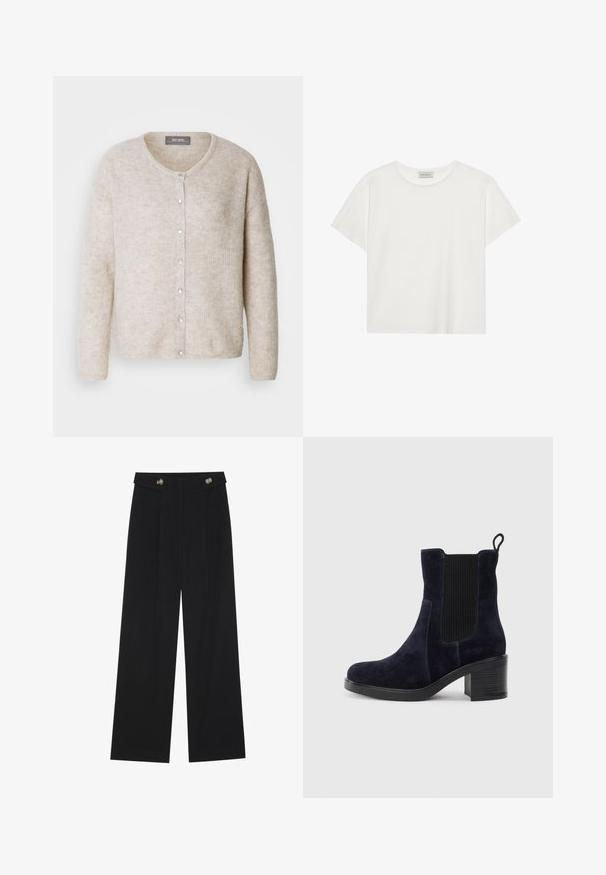 Svetlobežový kardigán vyrobený z textúrovanej pleteniny, s okrúhlym výstrihom, predným zapínaním na gombíky a dlhými rukávmi s voľným strihom.; Biele tričko s krátkymi rukávmi vyrobené z jemnej bavlny. Má okrúhly výstrih a voľný strih. Čistý dizajn bez viditeľných vzorov alebo akcentov.; Čierne široké nohavice s vysokým pásom, so zapínaním na gombíky na páse a prednými sklady.; Námornícky modré zamatové členkové botas s elastickým bočným panelom, okrúhlou špičkou a blokovým opätkom. Textúrovaná látka a hladká podrážka vytvárajú kontrast.