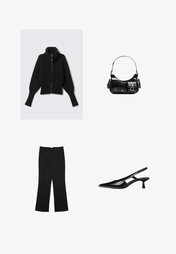 Czarny sweter z prążkowanego materiału z wysokim kołnierzem i pełnym zamkiem z przodu; ma szerokie rękawy i skrócony dół. Miękka tekstura na całej powierzchni.; Czarny bezrękawnik wykonany z gładkiego materiału, z okrągłym dekoltem i dopasowanym fasonem, bez widocznych wzorów czy ozdób.; Czarne spodnie o prostym kroju, z przednimi kieszeniami i bocznymi rozcięciami na dole. Wykonane z miękkiego, gładkiego materiału. Odpowiednie na różne okazje.; Czarne lakierowane czółenka na odkrytej pięcie z wąskim noskiem, z wykrojem po bokach i małym kwadratowym obcasem. Gładka faktura z minimalnymi akcentami.; Czarna torebka z lakierowanej skóry o zaokrąglonym kształcie, z jednym paskiem na ramię, przednimi kieszeniami i akcentami w kolorze srebrnym.