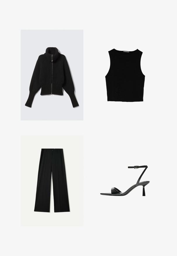 Black ribbed knit sweater with a high collar and full front zipper; features wide sleeves and a cropped hemline. Soft texture throughout.; Black sleeveless crop top made of smooth fabric, featuring a round neck and a clean, simple design without patterns or hardware.; Bershka WIDE - Trousers - black; Bershka High heeled sandals - black