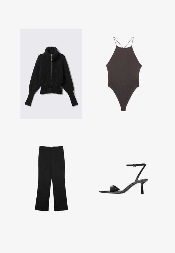 Čierny rebrovaný pletený sveter s vysokým golierom a plným zipsom vpredu; má široké rukávy a skrátený lem. Mäkka textúra po celom svetrí.; Hnedé, vysoký krk jednodielne plavky s tenkými, nastaviteľnými ramienkami; s vysokým strihom na nohách a hladkým povrchom. Bez vzorov alebo ozdôb.; Čierne nohavice so strihom rovného strihu, s prednými vreckami a bočnými rozparkami na leme. Vyrobené z mäkkej, hladkej tkaniny. Vhodné na rôzne príležitosti.; Bershka Sandále na vysokom opätku - black