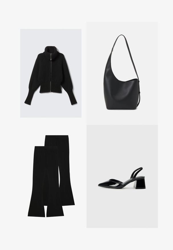Maglione in maglia a coste nera con collo alto e zip frontale completa; presenta maniche ampie e un orlo cropped. Texture morbida in tutto il capo.; T-shirt nera in cotone con maniche corte sopra un sotto manica lunga bianca, caratterizzata da una sottile texture. Design con scollo rotondo.; Pantaloni neri a zampa d'elefante realizzati in tessuto elasticizzato, con vita alta e una superficie liscia, dal taglio aderente che si allarga a partire dal ginocchio.; Décolleté in vernice nera con punta affusolata e tacco in geometria cubica. Presentano un design elegante e minimalista, con una texture liscia.; Borsa hobo nera in pelle con una superficie liscia, forma curvata e una singola tracolla regolabile; presenta un'ampia apertura nella parte superiore.