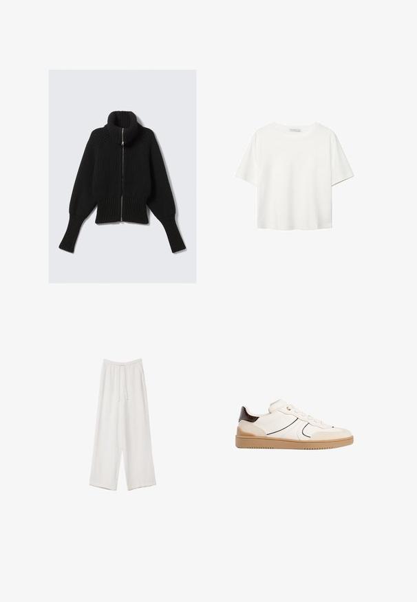 Črn rebrast pleten in z visokim ovratnikom ter celotnim zadrgo; ima široke rokave in kratko dolžino roba. Mehak otip skozi celotno oblačilo.; Bela kratka majica s kratkimi rokavi iz bombaža. Ima okroglo izrezovanje in sproščen kroj. Gladka tekstura brez vidnih vzorcev ali poudarkov.; Bele široke hlače iz lahkega materiala. Imajo elastičen pas s vrvico in stranske žepe. Gladka tekstura.; Stradivarius Športni copati - white