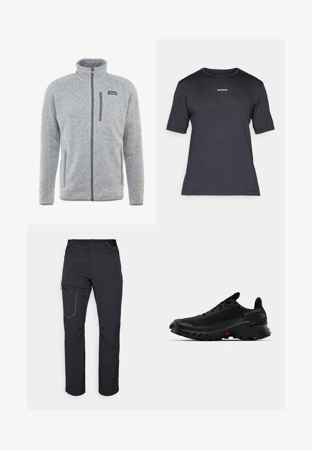 Siva flis jakna z visokim ovratnikom, polnim zadrgo, stranskimi žepi in žepom na prsih. Ima teksturirano tkanino in kontrastne poudarke.; Črna kratkosrajčna performančna majica iz dihalnega blaga, s krožno izrezom in majhnim belim logotipom "SALOMON" na prsih.; Črne zunanje hlače z žepom na stegnu z zadrgo, elastičnim pasom in gladkim, vodoodpornim materialom. Čist dizajn brez vidnih logotipov.; Črne športne čevlje z teksturirano zgornjšo plastjo, zaobljenim nosom in izrazitim gumijastim podplatom. Imajo logo na strani in rdeče detajle na podplatu.