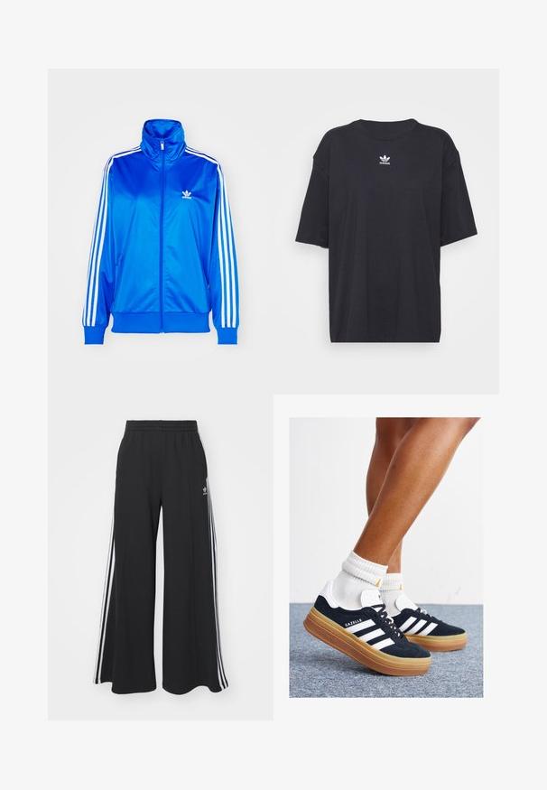 adidas Originals ADICOLOR CLASSICS FIREBIRD LOOSE - Camisola com fecho - blue bird; T-shirt de algodão preto com mangas curtas, decote arredondado, apresenta um logótipo branco da Adidas no peito. Design simples, ajuste descontraído.; Calças de suor largas e pretas com uma cintura elástica, apresentando riscas brancas nas laterais e um logótipo bordado na coxa esquerda.; Ténis de camurça preta com riscas e detalhes brancos, biqueira arredondada, sola em borracha cor de goma, combinados com meias brancas caneladas até à altura do tornozelo.