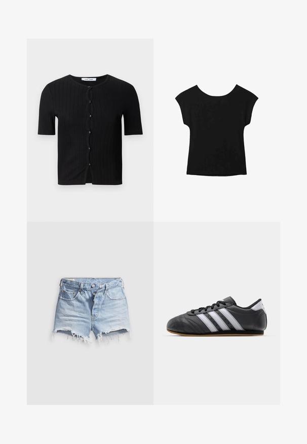 Černý žebrovaný cardigan s krátkým rukávem a kulatým výstřihem, s kulatými černými knoflíky a vlnitým předním detailem. Měkká, texturovaná látka.; Černý top s krátkým rukávem, širším výstřihem a volným střihem. Vyrobeno z měkké látky bez viditelných vzorů nebo ozdob.; Světlé modré džínové kraťasy s roztrhanými lemy, pěti kapsami a zapínáním na knoflíky. Textura je měkká s mírně opotřebovaným vzhledem.; Černá kožená sportovní obuv s bílými pruhy, kulatou špičkou, plochou podrážkou a šněrováním. Disponuje perforacemi pro prodyšnost.