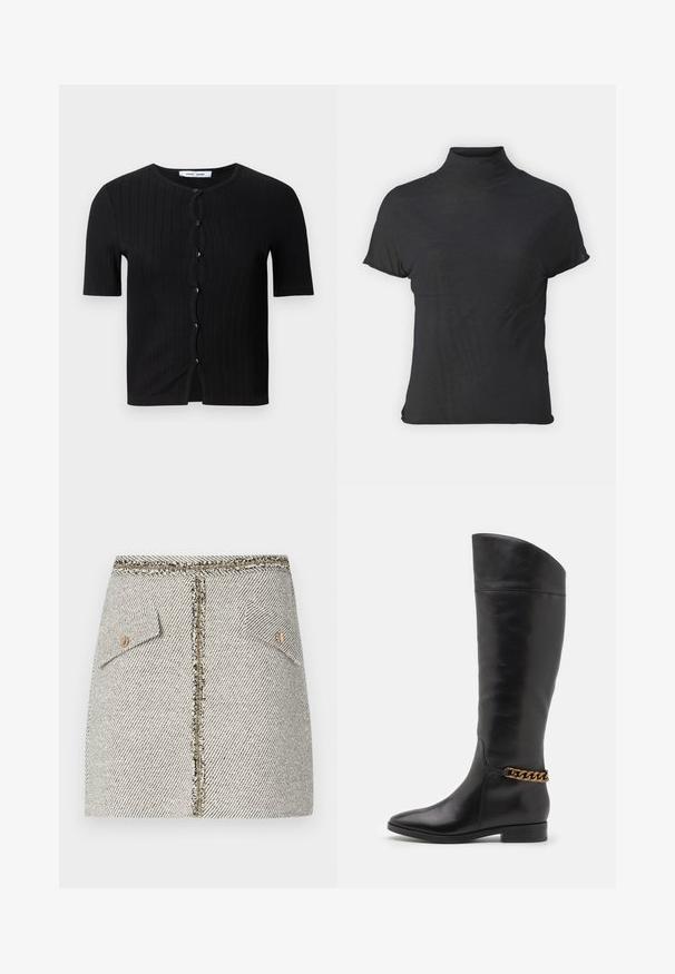 Cardigan corto a maniche corte nero a coste con scollatura rotonda, dotato di bottoni neri rotondi e un dettaglio frontale ondulato. Tessuto morbido e strutturato.; Top nero a maniche corte e colletto alto, realizzato in tessuto leggero con una superficie liscia e dalla forma aderente, caratterizzato da un collo alto.; Gonna in tweed intrecciato con un motivo a spina di pesce bianco e nero, dotata di due tasche frontali e una zip dorata sul retro con bordi sfrangiati.; Alti stivali in pelle nera dal design elegante, punta affusolata e dettagli in catena dorata alla caviglia. Tacco a blocco basso. Texture liscia.