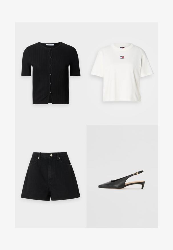 Fekete bordázott rövid ujjú kardigán kerek nyakkivágással, kerek fekete gombokkal és hullámos elülső részlettel. Puha, textúrált anyag.; Fehér pamut póló kerek nyakkal és rövid ujjakkal. Kicsi, színes logó címke található a mellkasán piros, kék és fehér részletekkel.; Fekete farmer rövidnadrág magas derékkal, öt zsebbel, ezüst kiegészítőkkel és standard szabással, sima textúrával és letisztult kidolgozással.; Fekete bőr slingback sarkú cipő, hegyes orral, alacsony sarokkal és állítható bokapánttal, aranyszínű csattal. Simább textúra.