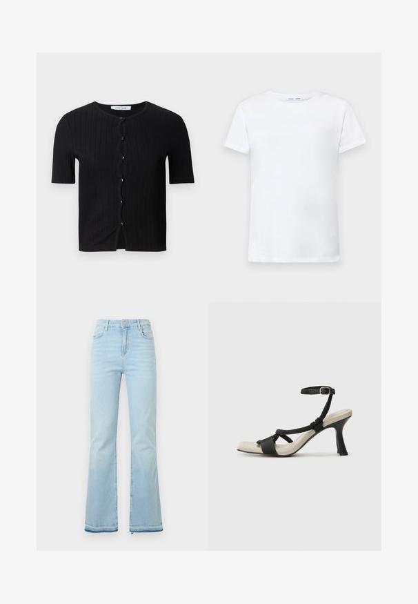 Black ribbed short-sleeve cardigan with a rounded neckline, featuring round black buttons and a wavy front detail. Soft, textured fabric.; White short-sleeve t-shirt made of cotton with a crew neck design. Smooth texture and straight cut, no patterns or accents.; Light blue flared jeans made of denim, featuring a high waist, front pockets, and a raw hem at the cuffs for a casual look.; Black heeled sandal with braided strap design, square toe, and adjustable ankle strap. Light beige footbed with a glossy black heel.
