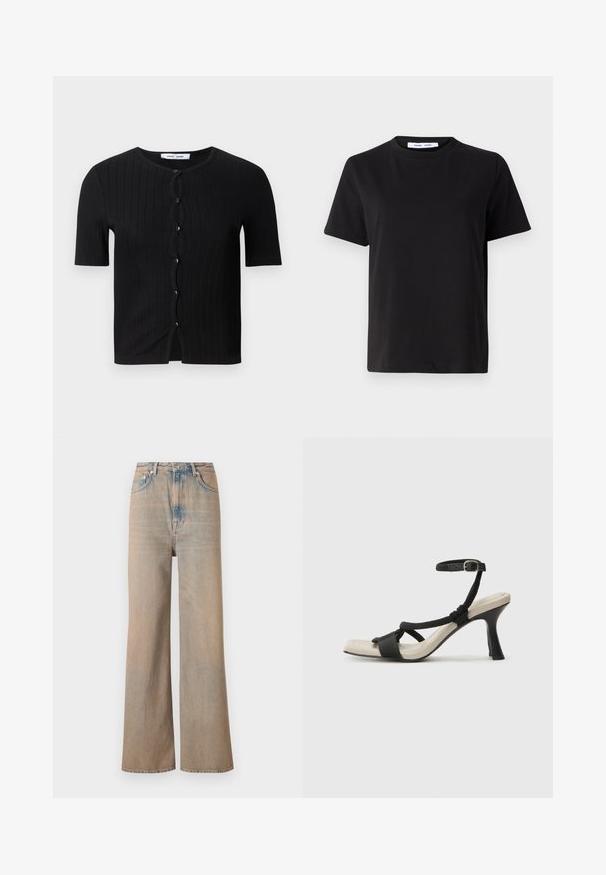 Black ribbed short-sleeve cardigan with a rounded neckline, featuring round black buttons and a wavy front detail. Soft, textured fabric.; Black short-sleeve t-shirt made of soft cotton, featuring a round neckline, relaxed fit, and a smooth texture. No visible patterns or graphics.; Light wash wide-leg jeans with a high waist, made of denim. Features subtle stitching and five pockets, with a slightly faded texture.; Black heeled sandal with braided strap design, square toe, and adjustable ankle strap. Light beige footbed with a glossy black heel.
