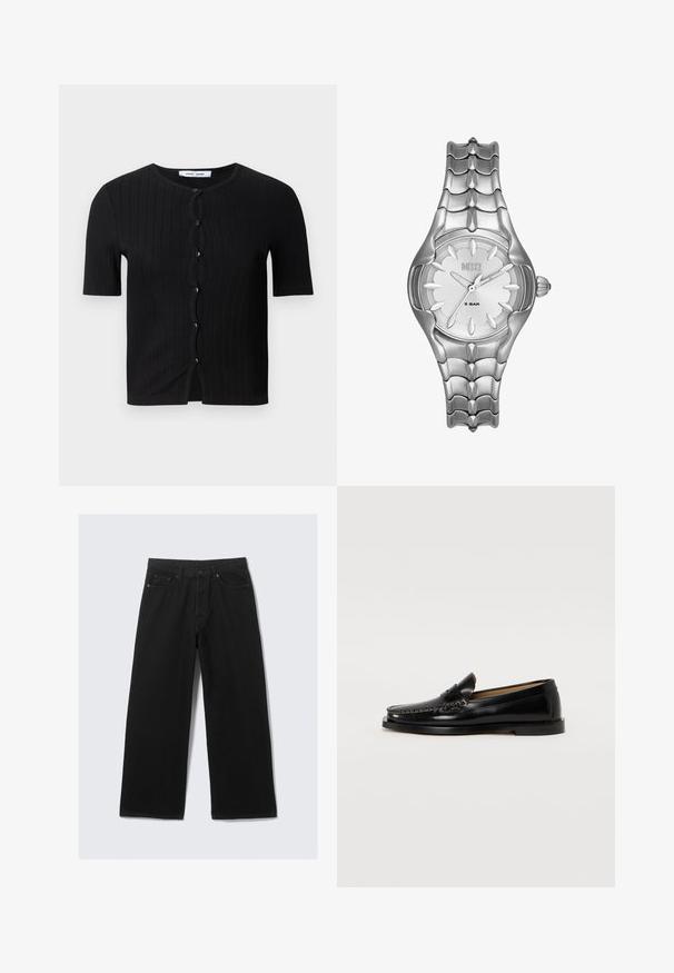 Mustat ribattu lyhythihainen kardigaani, jossa on pyöreä pääntie, pyöreitä mustia nappeja ja aaltoileva etuosa. Pehmeä, teksturoitu kangas.; Valkoinen hihaton toppi, joka on valmistettu ribbikankaasta, ja jossa on pyöreä pääntie ja tiukka siluetti, minimaalisin saumoin ja ilman koristeita.; Mustat leveälahkeiset farkut, joissa on klassinen viiden taskun muotoilu ja jämäkkä vyötärönauha vyölenkeillä.; Mustat nahkaiset loaferit pyöreällä varpaalla, koristeellisella tikkausompelulla ja tasaisella pohjalla. Sileä pinta ja minimalistinen muotoilu.; Sivusta ruostumatonta terästä oleva kello, jossa on teksturoitu ranneke ja pyöreä kellotaulu. Varustettu valkoisella taustalla, mustilla tuntimerkeillä ja kelloa säätävällä kruunulla sivussa.