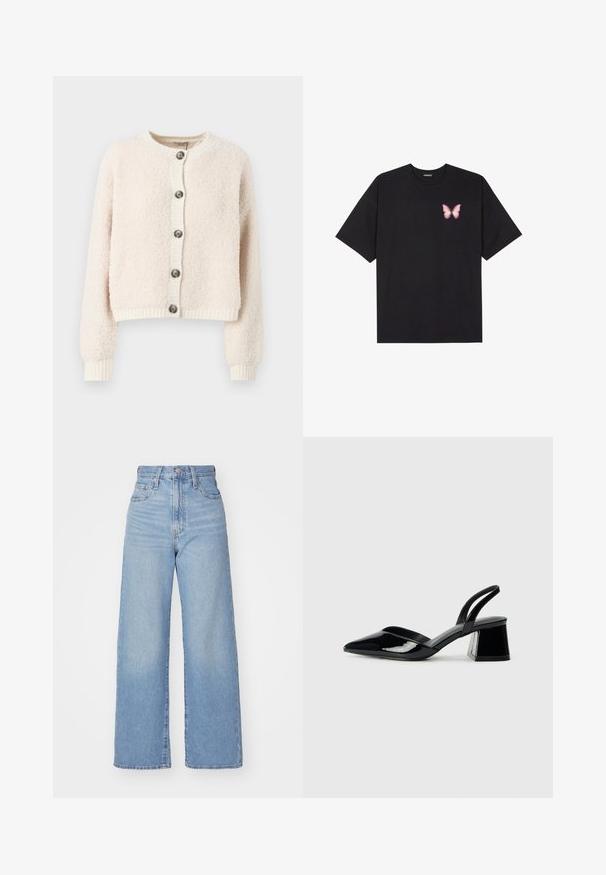 Krēmkrāsas īso kardigānu, kas izgatavots no teksturēta auduma, ar apaļu kakla izgriezumu, pogu fronti un ribinātām piedurknēm un apakšmalu.; Melna kokvilnas T-krekls ar īsām piedurknēm, kuram priekšā kreisajā pusē ir neliels rozā tauriņa grafiskais attēls. Ar apaļu kaklu un brīvā stila piegriezumu.; Gaiši zili augstās jostas vidukļa platās bikses ar priekšējo pogu un rāvējslēdzēju, priekšējām un aizmugurējām kabatām uz baltā fona.; Melna lakota āda ar atvērto papēdi, ar smailu purngalu un ģeometrisku blokpapēdi. Iezīmējas elegants, minimāls dizains un gluda tekstūra.