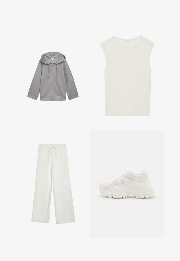 Veste à capuche zippée gris clair avec une coupe décontractée, présentant une texture lisse, des manches larges et un design simple sans motifs.; Haut sans manches blanc avec un col rond. Fabriqué en tissu lisse, il présente une coupe décontractée et un design minimaliste. Pas de motifs ni d'accents.; Pantalons larges blancs en tissu doux. Dotés d'une taille élastique avec cordon de serrage et d'une texture lisse. Aucuns motifs visibles ni éléments en métal.; Baskets blanches épaisses avec un dessus texturé, des panneaux en mesh et des semelles en caoutchouc épaisses avec un motif de semelle prominent. Lacets et tirette inclus.