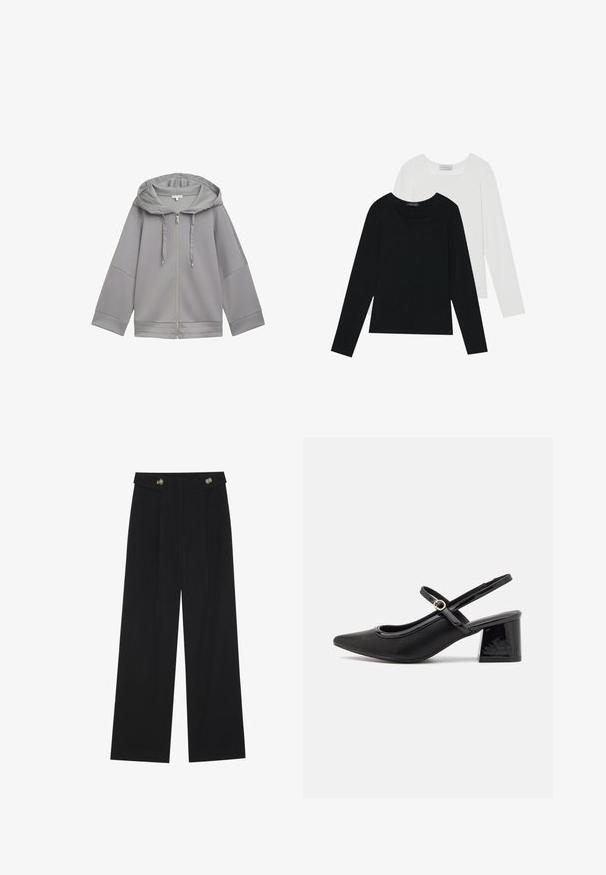 Jasnoszara, zapinana na zamek, kapturowa kurtka o luźnym kroju, charakteryzująca się gładką teksturą, szerokimi rękawami i prostym, pozbawionym wzorów designem.; Dwie bluzki z długim rękawem, jedna czarna i jedna biała, obie z kwadratowym dekoltem i wykonane z miękkiego, elastycznego materiału.; Czarne szerokie spodnie z wysokim stanem, z detalami w postaci guzików na pasku oraz plisami z przodu.; Czarne lakierowane czółenka na słupku ze spiczastym noskiem, lekko zaokrąglonym wycięciem i obcasem w kształcie bloku. Posiadają złotą klamrę jako akcent dekoracyjny.