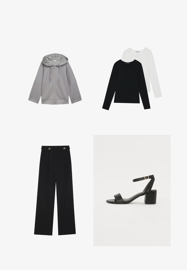 Veste à capuche zippée gris clair avec une coupe décontractée, présentant une texture lisse, des manches larges et un design simple sans motifs.; Deux tops à manches longues, un noir et un blanc, tous deux avec un décolleté carré et fabriqués en tissu doux et extensible.; Pantalons larges noirs à taille haute, avec des détails de boutons à la taille et des plis sur le devant.; Sandale à talons noirs avec un dessus en cuir lisse, une ouverture à l'avant, de larges brides avant et une bride de cheville ajustable avec une boucle dorée.
