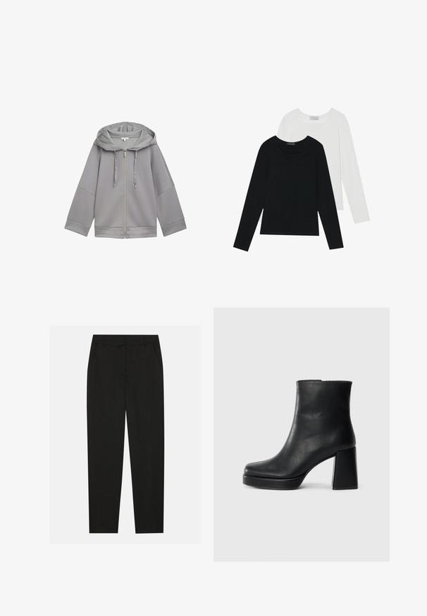 Svetlo siva kapuca z zadrgo, sproščene širine, z gladko teksturo, širokimi rokavi in preprostim dizajnom brez vzorcev.; Dva dolga rokava, en črn in en bel, oba z kvadratnim izrezom in narejena iz mehkega, raztegljivega materiala.; Črne hlače z oblikovanim krojem, ki imajo stranske žepke in ravno nogavico. Narejene so iz gladkega, lahkotnega materiala z elegantnim zaključkom.; Črne usnjene gležnjarje z blok peto in platformo, prikazane s strani na enobarvni beli podlagi.