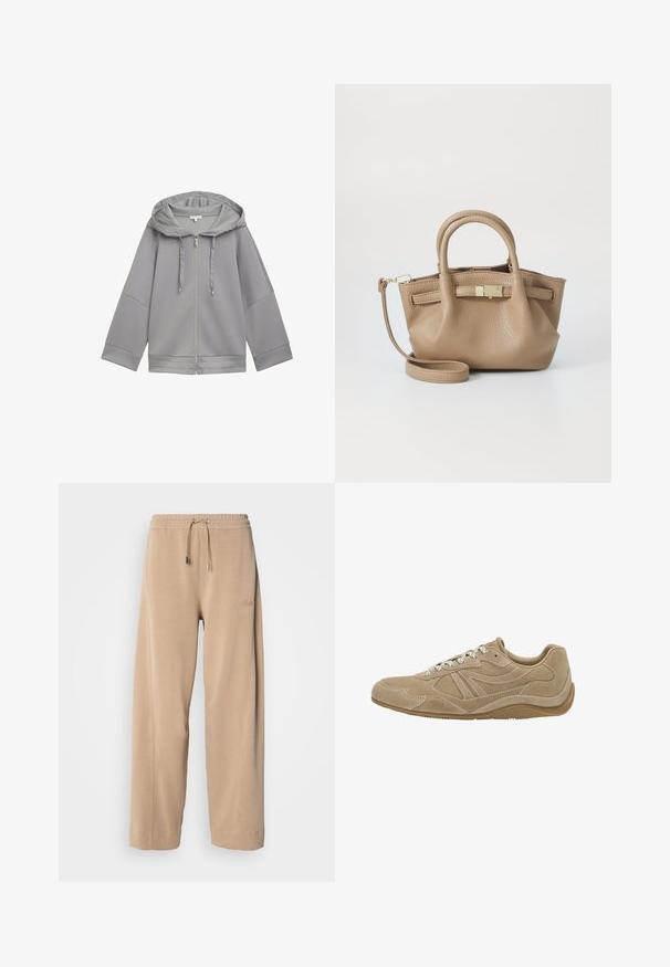 Giacca a zip grigia chiara con cappuccio, dal taglio rilassato, caratterizzata da una texture liscia, maniche ampie e un design semplice senza motivi.; T-shirt bianco a maniche lunghe realizzato in morbido cotone, con scollo rotondo e design a spalla abbassata, dalla vestibilità comoda e senza motivi visibili.; Pantaloni beige a gamba larga realizzati in tessuto morbido, con elastico in vita e cordoncino. Presentano un logo discreto sul lato e tasche laterali.; Sneaker in suede beige con profilo basso, superficie texturizzata e lacci bianchi. Presenta un design curvo e una suola in gomma per una migliore aderenza.; Borsa a mano in pelle color tan con doppie maniglie e tracolla staccabile. Presenta un chiusura in tono oro e una superficie testurizzata.