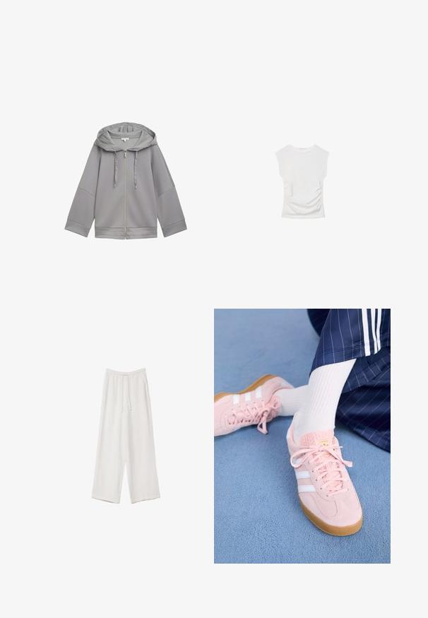Veste à capuche zippée gris clair avec une coupe décontractée, présentant une texture lisse, des manches larges et un design simple sans motifs.; Haut blanc à manches courtes avec un col rond. Doté d'une texture froncée sur les côtés et d'une silhouette ajustée, fabriqué à partir d'un matériau doux et extensible.; Pantalons larges blancs en tissu léger. Dotés d'une taille élastique avec cordon de serrage et de poches latérales. Texture lisse.; Des sneakers en daim rose clair avec des rayures et des lacets blancs, dotés d'une languette texturée et d'une semelle en gomme, posées sur un tapis bleu.