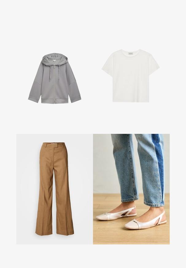 Svijetlo siva kapuljača s patentnim zatvaračem i opuštenim krojem, koja se odlikuje glatkom teksturom, širokim rukavima i jednostavnim dizajnom bez uzoraka.; Bijela kratkodlaka majica od mekog pamuka. Ima okrugli izrez i opušteni kroj. Čist dizajn bez vidljivih uzoraka ili akcenata.; Smeđe široke hlače izrađene od laganog materijala. Imaju ravni prednji dio, petlje za remen i kroj prilagođen tijelu s dužinom do gležnjeva.; Svijetlo ružičaste slingback balerinke s šiljastim vrhom, izrađene od glatkog materijala nalik koži. Sadrže izrezane detalje sa strane i ravnu petu.