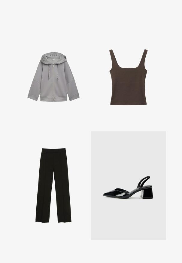 Vaaleanharmaa vetoketjullinen huppari, jossa on rento malli, sileä pinta, leveät hihat ja yksinkertainen, kuvioton muotoilu.; Ruskea hihaton toppi, jossa on neliönmuotoinen kaula-aukko, valmistettu pehmeästä ja joustavasta kankaasta. Ominaisuuksiin kuuluu istuva muotoilu ja sileät saumat.; Mustat leveälahkeiset housut, jotka on valmistettu sileästä kankaasta. Niissä on istuva vyötärö ja hienovaraiset etupleatit, jotka lisäävät tekstuuria.; Mustat patentoitu nahkakengät, joissa on säären takaosa ja terävä kärki, sekä geometrinen palikkakorko. Sisältää tyylikkään, minimalistisen muotoilun ja sileän pinnan.