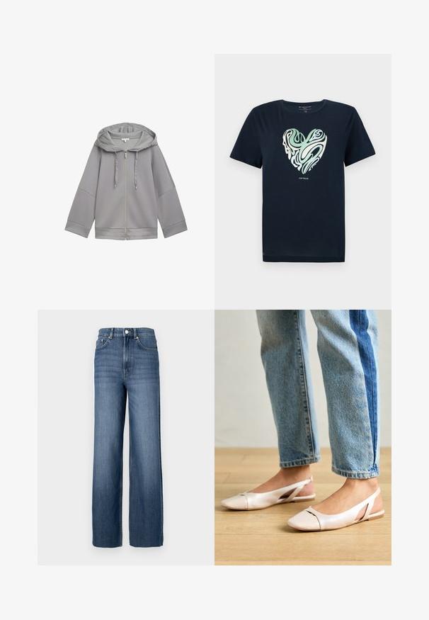 Hellegraue Zip-Hoodie-Jacke mit lockerer Passform, die eine glatte Textur, weite Ärmel und ein einfaches, ungemustertes Design aufweist.; Navyblaue Baumwoll-T-Shirt mit einem herzförmigen Grafikdesign in grünen und cremefarbenen Wirbelmustern. Rundhals, kurze Ärmel und gerader Saum.; Blaue Jeans aus Denim mit hohem Bund und weitem Schnitt. Verfügt über ein klassisches Fünf-Taschen-Design und metallene Knopfdetails.; Blassrosa Slingback-Ballerinas mit spitzem Punkt, aus einem glatten, lederähnlichen Material. Mit Ausschnitten an den Seiten und einem flachen Absatz.