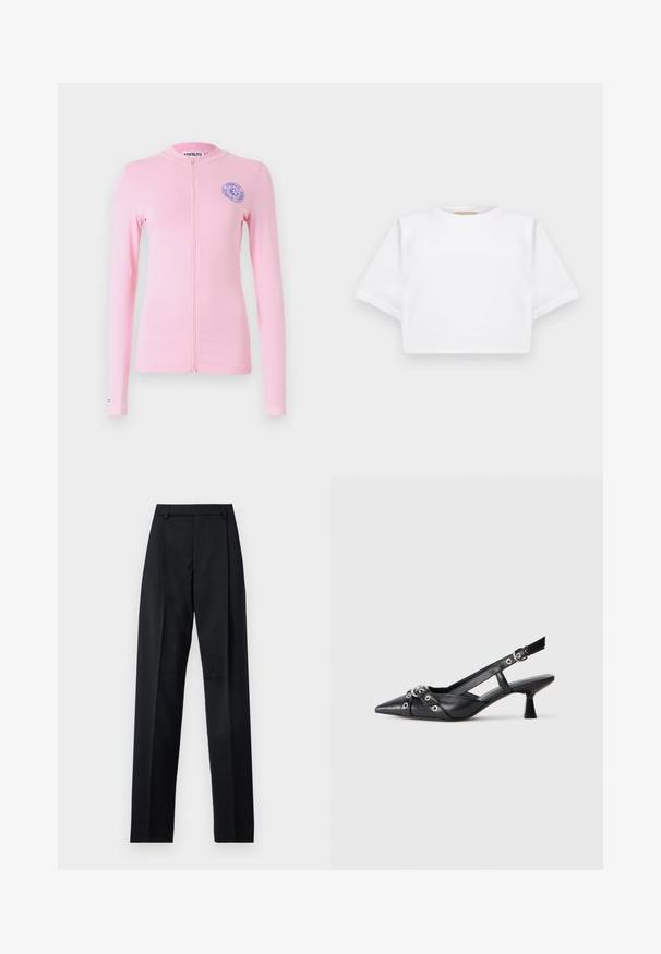 T-shirt de manga longa rosada claro com fecho zip e gola redonda, apresentando detalhe bordado de logótipo azul no lado esquerdo do peito. Tecido suave e design ajustado.; T-shirt branca corta, feita de tecido macio, apresentando mangas curtas, um decote redondo e detalhes de bainha canelada. Design simples e despretensioso.; Calças pretas feitas de um tecido suave, com uma cintura alta, pernas largas, pregas frontais e passadores de cinto clássicos. Não há bolsos laterais visíveis.; Sapato slingback em couro preto com biqueira fina, tiras decorativas com ilhós de metal e um pequeno salto quadrado. Superfície texturizada.