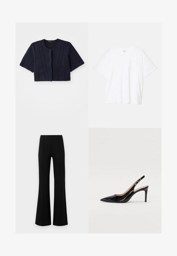 Námornícky modrý skrátený cardigan vyrobený z pleteného materiálu. Má krátke rukávy, okrúhly výstrih a textúrované detaily pozdĺž prednej časti.; Biely bavlnený tričko s krátkymi rukávmi, okrúhlym výstrihom, voľným strihom a prešitým lemom. Štítok viditeľný na vnútornom krku.; Čierne rozšírené nohavice s vysokým pásom, vyrobené z elastického materiálu. Obsahujú vertikálne švy na prednej strane a hladkú textúru.; Čierne lakované kožené slingback lodičky s špicatou špičkou, štíhlým podpätkom a jemným výrezom. Obsahuje zlatú pracku na remienku.